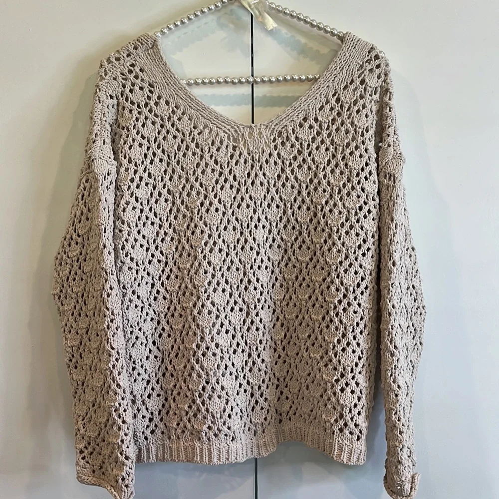 Artelier by Nicole Miller Open Chunky Knit Crochet Sweater Off Shoulder V Neck